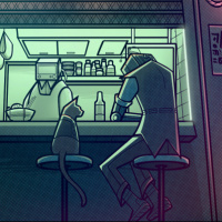 Кот и робот сидят в уличном кафе в игре Stray