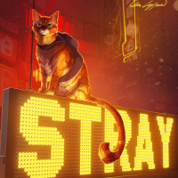 Кот на светящейся надписи с названием игры Stray