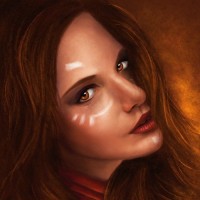 Портрет Лины из Доты 2 с рыжими волосами прикрывающими лицо