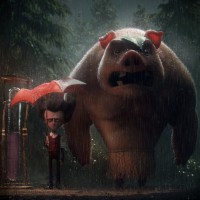 Уилсон с зонтиком стоит под дождём рядом с мокрым свином