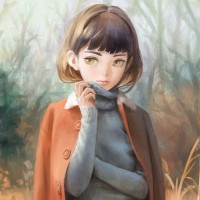 Нарисованная девушка с чёлкой стоит в свитере и пальто