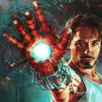Тони Старк с вытянутой вперёд рукой в перчатке от костюма Железного человека