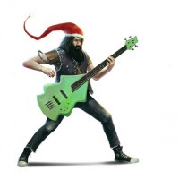 Бородатый мужик в новогодней шапке с гитарой в руках.