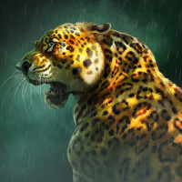 Нарисованный ягуар сидит под дождём с открытой пастью