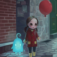 Девочка с красным шариком гуляет с привидением за ручку