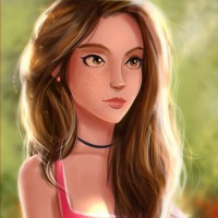 Нарисованная девушка с каштановыми волосами в розовой маечке
