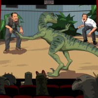 Динозавры в кинотеатре смотрят мемный момент из фильма "Парк человеческого периода"