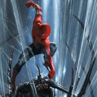 Человек-паук сражается с огромным пауком в паутине.