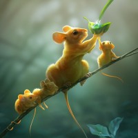 Мама мышка снимает каплю росы с травинки для мышат.