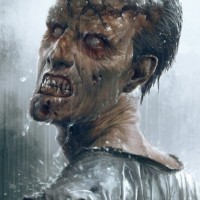 Скалящееся лицо зомби под дождём с повёрнутой назад головой.