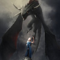 Дейенерис стоит на камне в воде на фоне летящего дракона.
