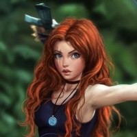 Девушка с длинными рыжими волосами с двумя поднятыми вверх мечами