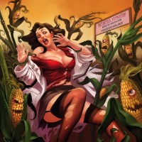 Испуганная девушка в кукурузном поле с ожившими злыми растениями