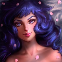 Нарисованная девушка с фиолетовыми волосами с блестками