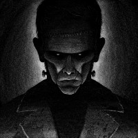 Мрачный чёрно-белый рисунок чудовища Франкенштейна
