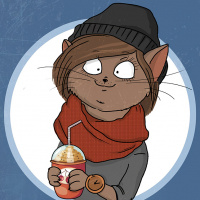 Кошка в шапке и шарфе с вишнёвым напитком в лапах