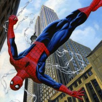 Человек-паук перемещается на паутине среди небоскрёбов.