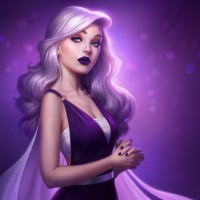 Девушка с красивыми белыми волосами в фиолетовом платье
