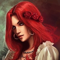 Девушка с красными розами в красных волосах
