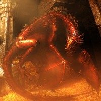 Красный дракон Смауг лежит на горе золота гномов