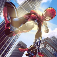 Прыгающая на фоне небоскрёбов женская версия Человека-паука