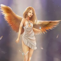 Светловолосая девушка в воздухе с крыльями ангела.