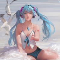 Сидящая у воды девушка с голубыми волосами, собранными в хвостики