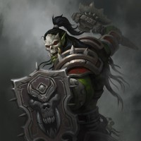 Орк из Warcraft с маской из черепа с поднятым топором.