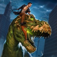 Мужчина верхом на зомби тираннозавре гуляет по улицам города