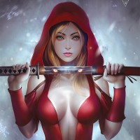 Девушка в красном капюшоне достаёт меч из ножен.