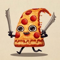 Радостный кусок пиццы бежит с двумя мечами в руках