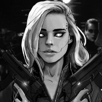 Чёрно-белый рисунок с девушкой-роботом с оружием в руках
