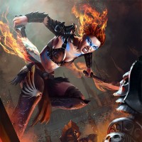 Девушка с волосами из огня бросается на врагов с двумя мечами.