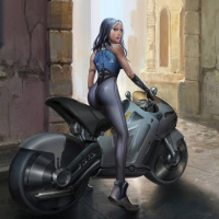 Девушка в обтягивающей одежде на крутом футуристичном мотоцикле