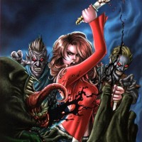 Девушка рубит ножом окруживших её вампиров.