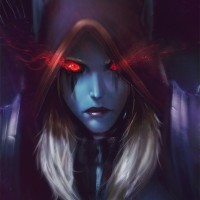 Сильванна из игры Warcraft со светящимися красным цветом глазами.