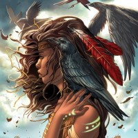 Девушка с чёрным вороном на плече на фоне летящих птиц.