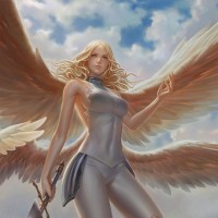 Ангел с четырьмя белыми крыльями и мечом в руке.