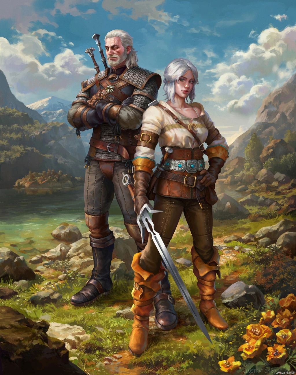 Геральт и Цири в игре The Witcher