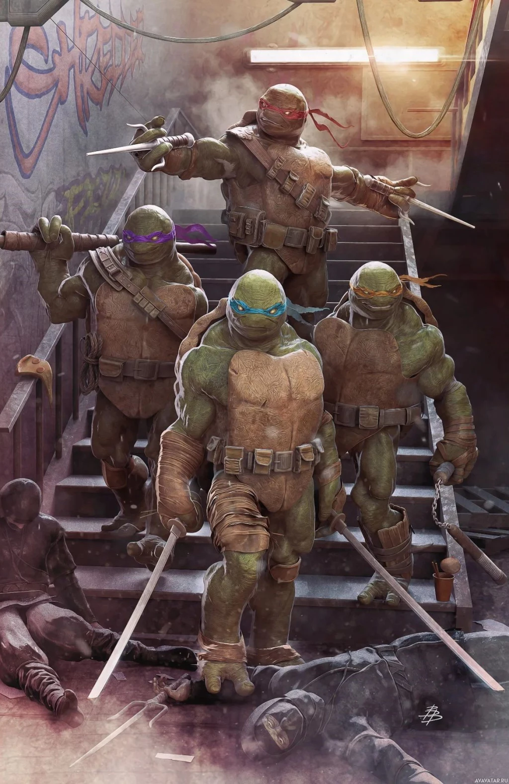 Герои TMNT в битве на лестничной площадке