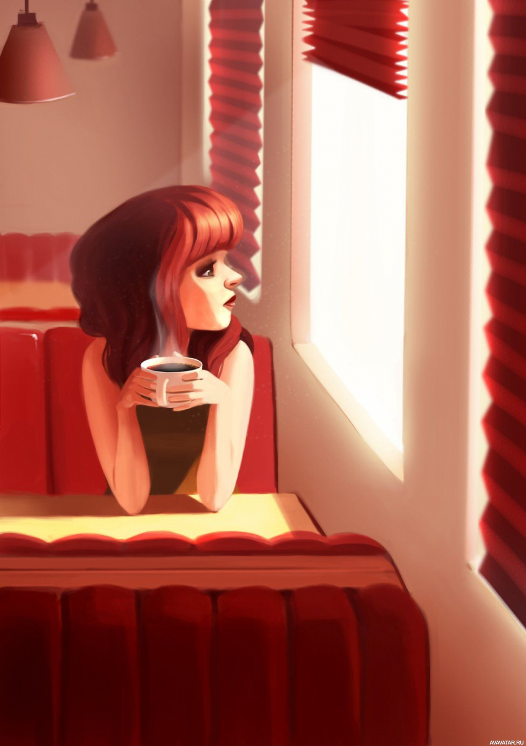 Нарисованная девушка в кафе